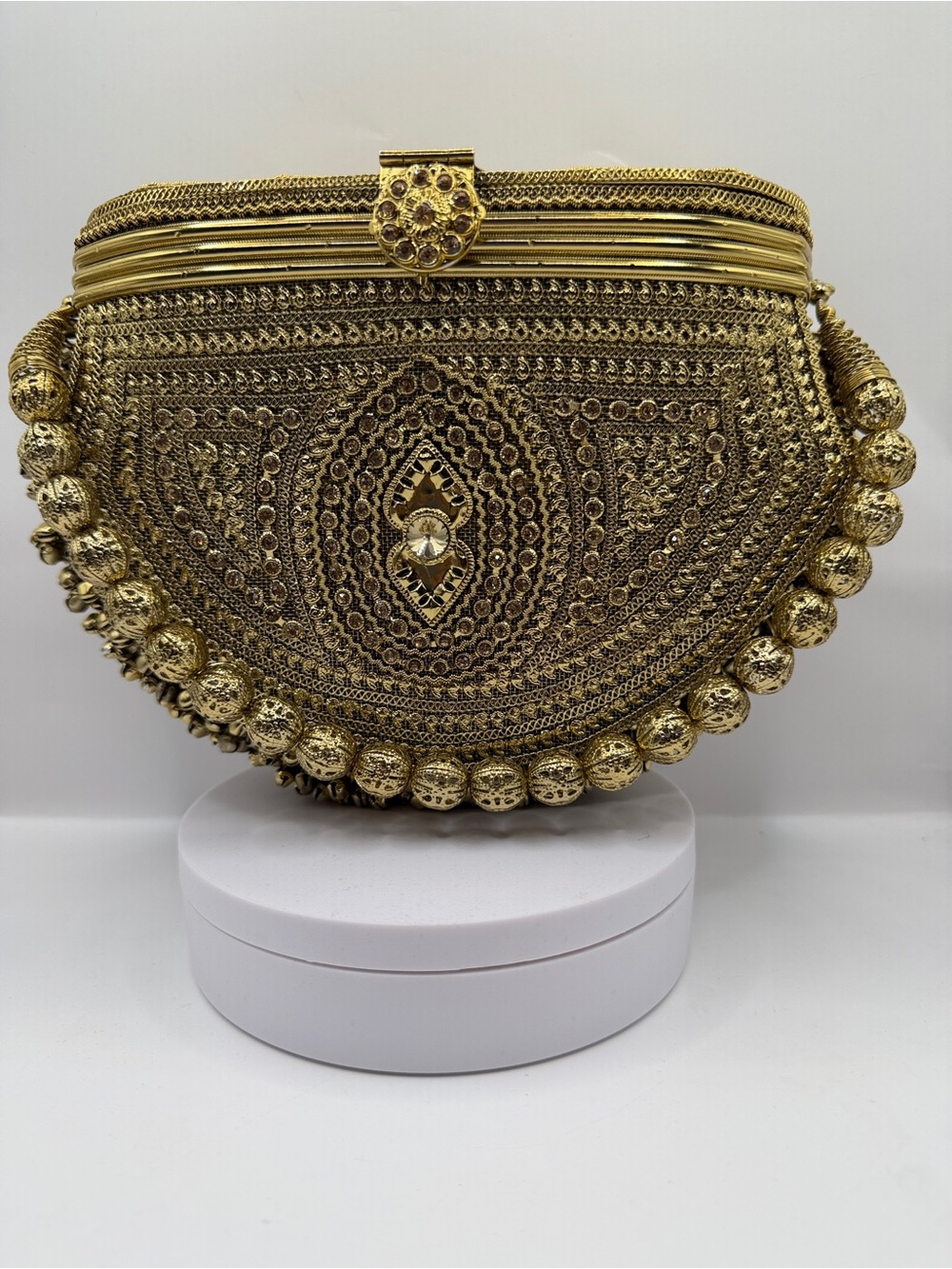 Antique Gold Kundan Embellished Half-Moon Metal Clutch Bag